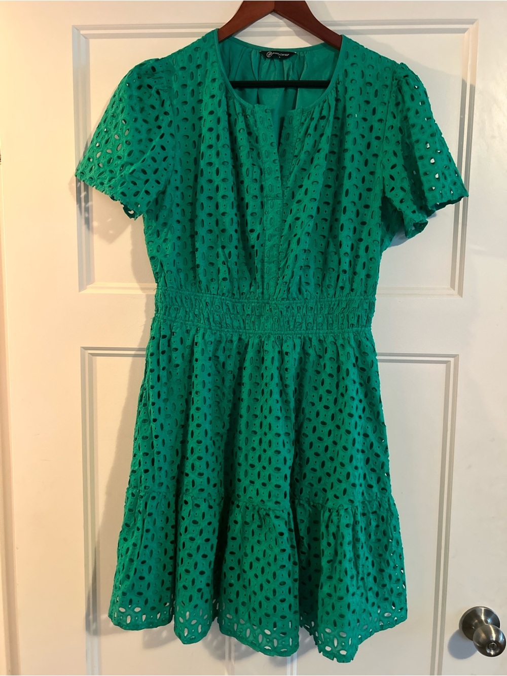 Green Eyelet Smocked-Waist Mini Dress